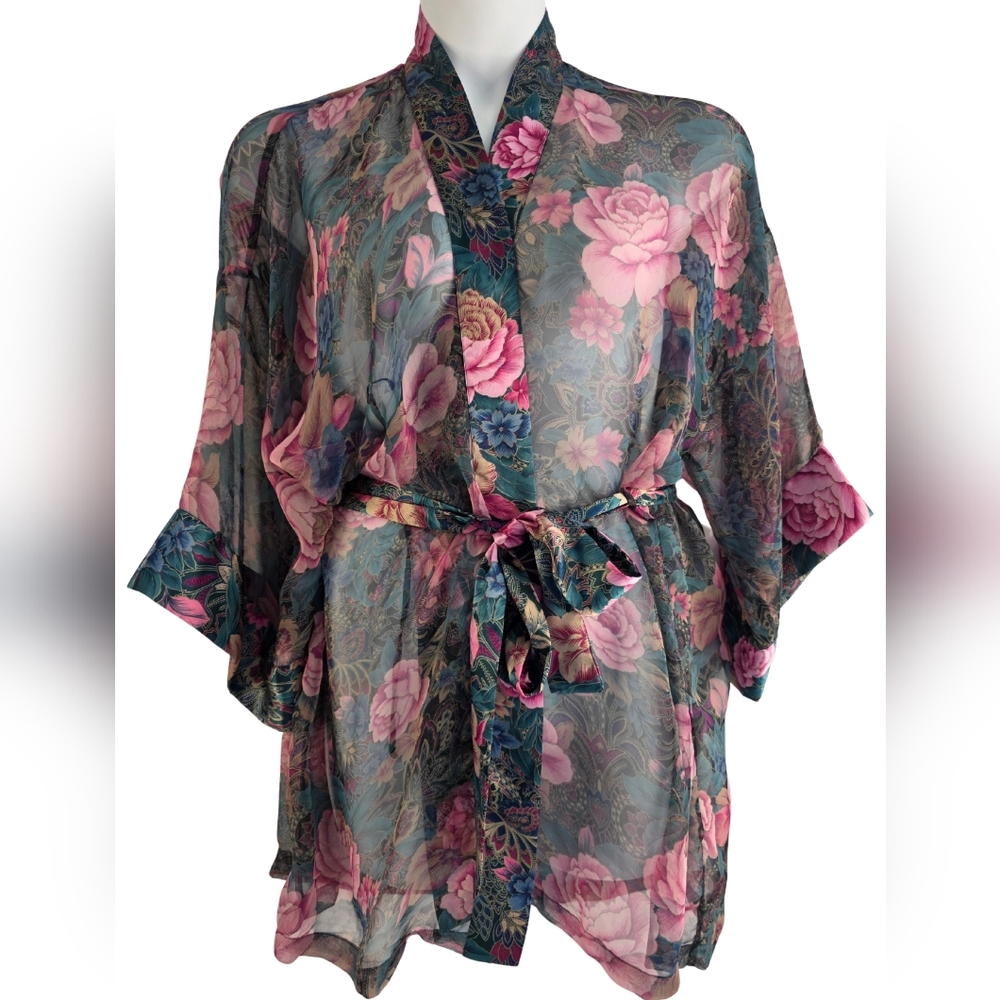 Victoria's Secret Vintage Sheer Floral Pink Green Kimono Robe 2676-AE